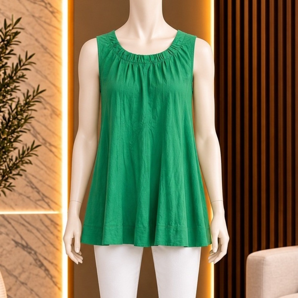 LOFT Womens Sleeveless Top Green Gathered Neck Cotton Knit XL